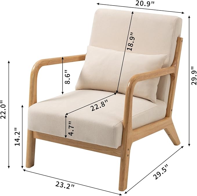 LKTART Mid Century Modern Chair with Waist Cushion Accent Chairs with Solid Wood Frame Upholstered Reading Armchair Fabric Comfy Single Sofa for Living Room Bedroom Apartment