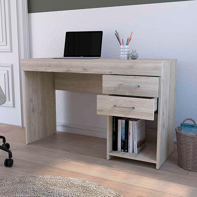 Austin Writing Computer Desk with Two Drawers and Open Shelf - Modern Home Office Desk for Small Spaces - Gray