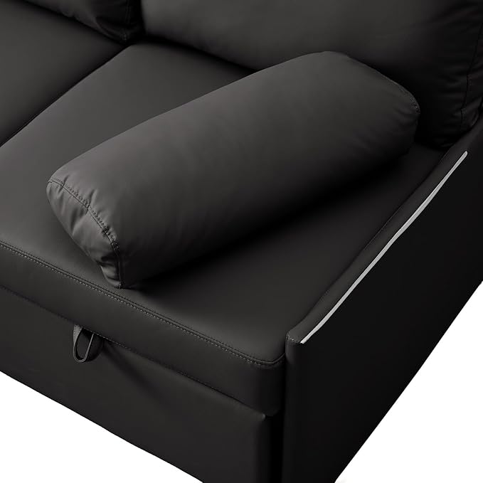 80 inch Convertible Sectional Sofa L-Shaped Sofa Sleeper with Reversible Chaise Faux Leather Couch Bed with StorageRemovable ArmrestModern Pull Out Bed for Living Room BedroomBlack