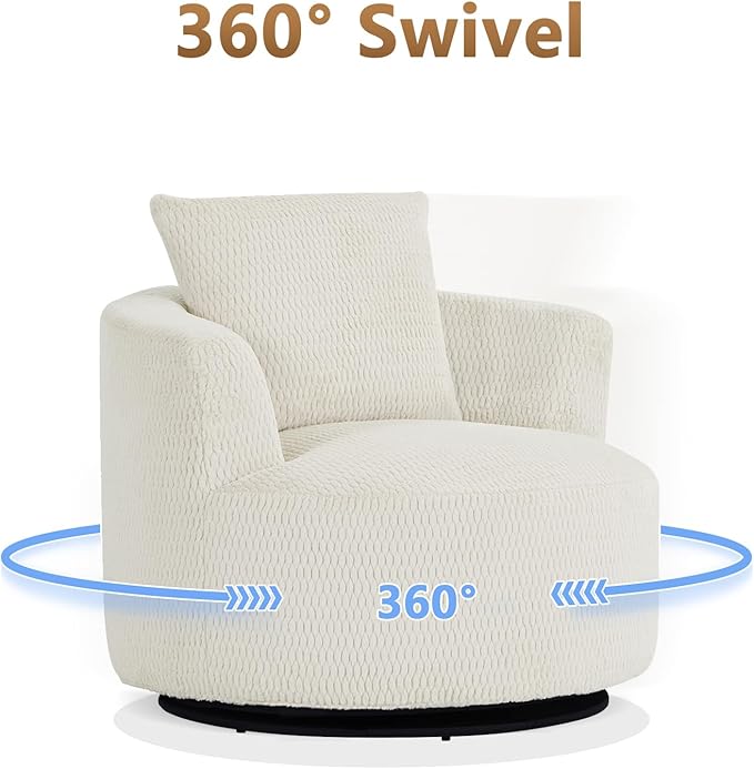 mikibama Swivel Accent Chair 360° Round Swivel Barrel Chair with Pillows Upholstered Corduroy Armchair Sofa Chair for Living Room Bedroom Reading Room Cream