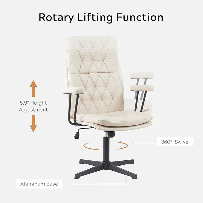 Desk Chair No Wheels with Arms Crossleg Stationary Ergonomic Soft Cushion Home Office Swivel Working Computer Chair Cream White