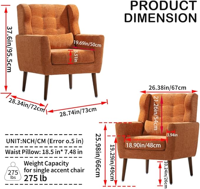 Modern Accent ChairChenille Arm Chairs for Living RoomUpholstered Mordern ArmchairComfy Soft Padded Lounge Chair in Small Space Bedroom w/Pillow Solid Wood Leg (Orange + Chenille)