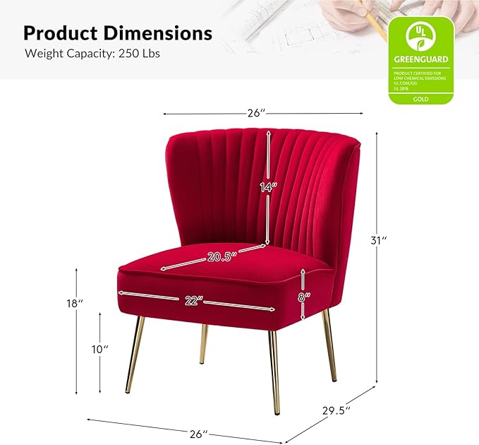 Tina's Home Velvet Armless Accent Chair Upholstered Modern Small Side Chair with Golden Legs Comfy Cute Wingback Slipper Chair for Living Room Study Beauty Room Thickly Padded(RED)
