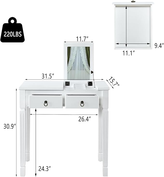 PADMA HOUSE Flip Top Wood Makeup Vanity Desk with Mirror Small Dressing Table with Two Drawers Flip-up Wooden Writing Desk Secretary Table in White for Bedroom Living Room