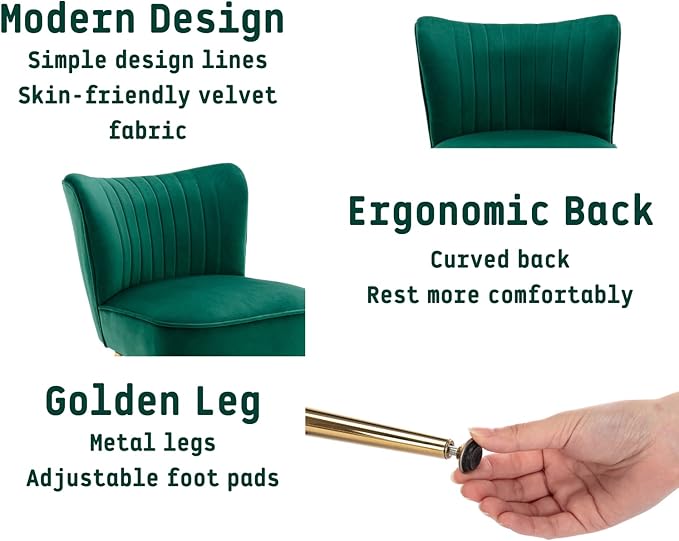 Green Velvet Accent Chairs Set of 2 with Golden Legs Upholstered Side Chairs Mid-Century Modern Slipper Chairs for Guest Room Comfy Armless Wingback Corner Single Sofa for Living Room
