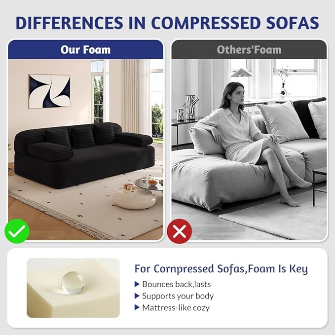 78.7 Queen Convertible Sofa Bed 2-in-1 Corduroy Folding Floor Couch with 3 Pillows Sleeper Sofa for Living Room and Bedroom No Assembly Required (Black)