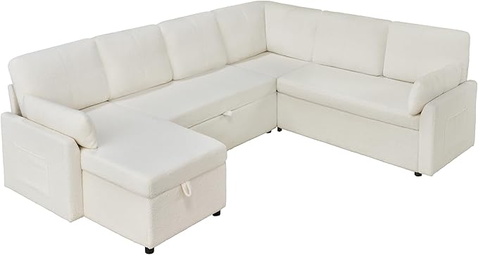 PaPaJet Sofa Bed 112 Inch Sleeper Sofa Oversized U Shaped Couch with Storage Chaise Pull Out Couch for Living Room White Boucle