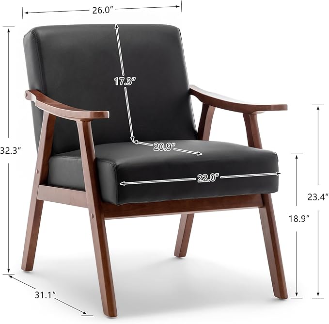 Mid Century Accent Chair Boho Farmhouse Accent Chairs for Living Room Retro Single Lounge Reading Armchair with Solid Wood Frame (Faux Leather in Black)