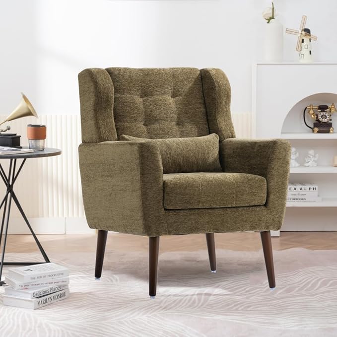 Modern Accent ChairChenille Arm Chairs for Living RoomUpholstered Mordern ArmchairComfy Soft Padded Lounge Chair in Small Space Bedroom w/Pillow Solid Wood Leg (Olive Green + Chenille)