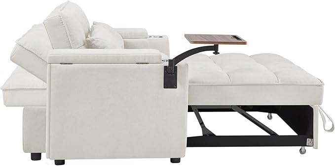 65'' Convertible Sleeper Sofa Bed with Pull-Out Design 3-in-1 Modern Chenille Fabric Couch with 360° Swivel Side Table Queen Size Easy Assembly for Living Room White