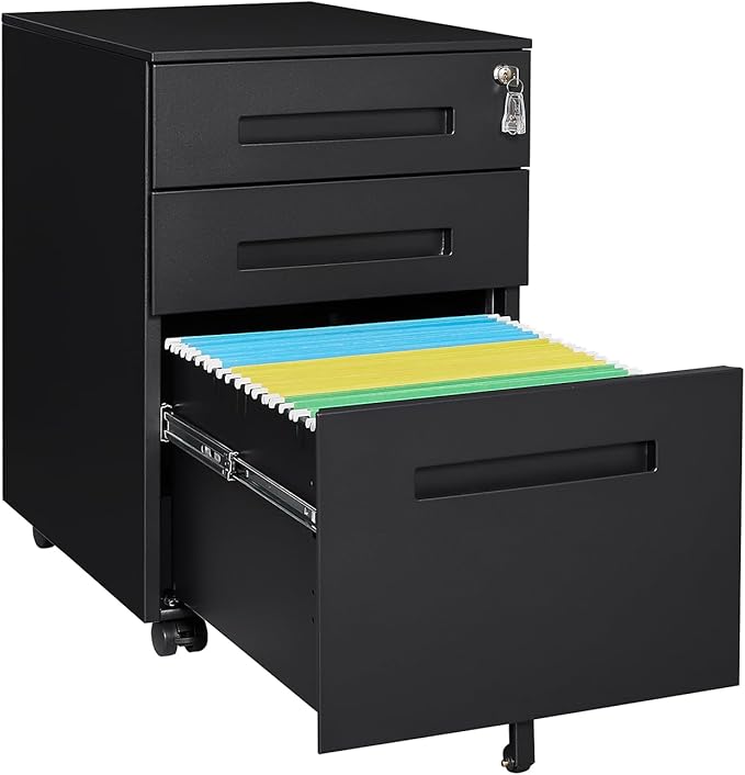 Black File Cabinet 3 Drawer Mobile File Cabinet with Lock and Wheels Under Desk Metal Filing Cabinet for OfficeLockable Rolling Cabinet with 2 Keys for LegalLetterA4 Size