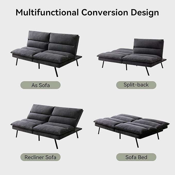 Memory Foam Futon Sofa BedLinen Fabric Futon CouchConvertible Armless FutonsSmall Splitback Loveseat Sleeper Sofa Bed for Living RoomOfficeApartmentPure Black