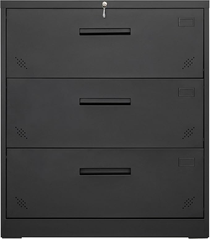 Generic 3 Drawer Lateral Filing Cabinet for LegalLetter A4 Size Large Deep Drawers Locked by Keys Locking Wide File Cabinet for Home Office Metal Steel Black