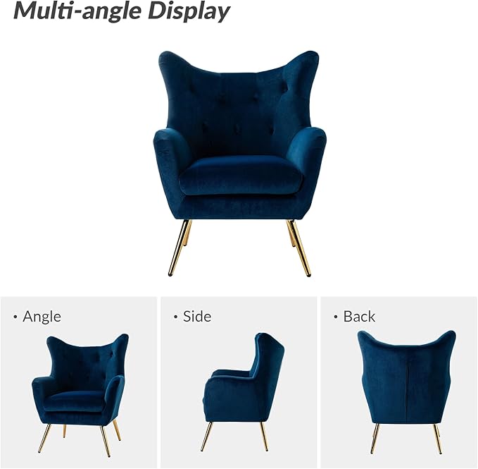 HULALA HOME Velvet Accent Chair Set of 2 Modern Wingback Arm Chair with Metal Gold Legs Velvet Tufted Upholstered Single Sofa Chair (Navy)