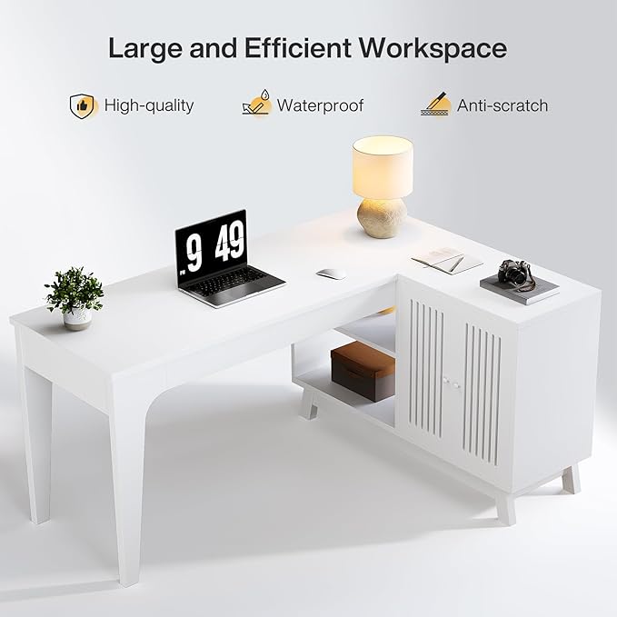 Tribesigns L-Shaped Desk with Storage Cabinet 57-Inch Wood Corner Workstation Home Office Computer Desk Study Writing Table (White)