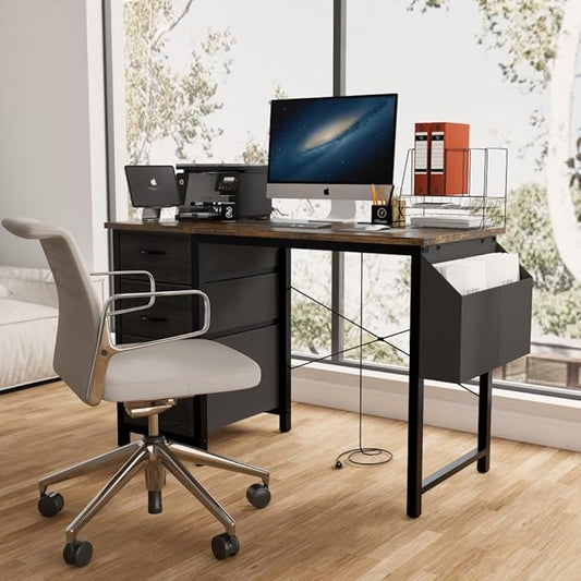 Office Desk with Power Outlet3drawers and Side Pocket Easy to AssembleFrame Stability Reversible for Home Office StudyRustic Brown