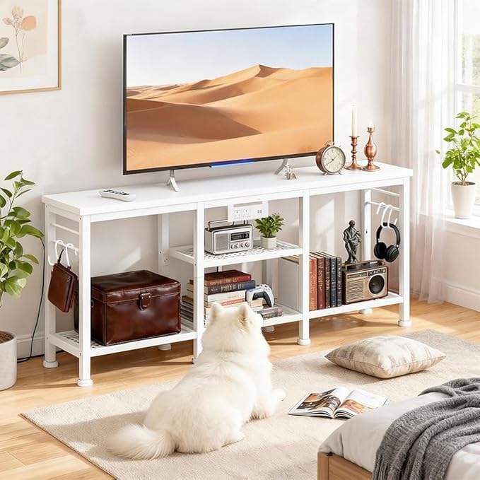 LUCKLIFE TV Stand with Charging Station for TVs up to 55 InchRustic Wood Entertainment Center with 3-Tier Storage ShelvesModern TV Media Console Table with 4 Hooks for Living RoomBedroom(White)