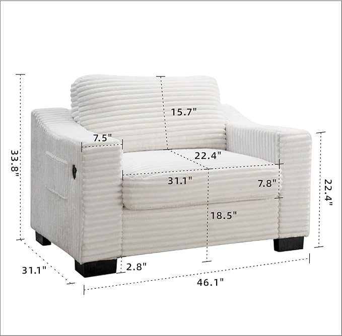 46.1''W Oversized Accent Chair Modern Single Armchair with USB Charger &amp Storage Pocket Comfy Reading Chair Tufted Corduroy Fabric for Living Room Bedroom Apartment Office (Beige)