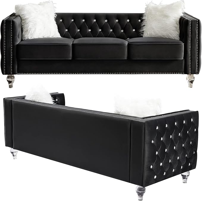 Mikibama Velvet 3 Seater Sofa Couch with Buttons and Square Arms 83.07 Inch Tufted 3-seat Sofas with Trimmed Nailhead and Acrylic Legs Modern Couches for Living RoomBedroom (Black-crystal Legs Sofa)