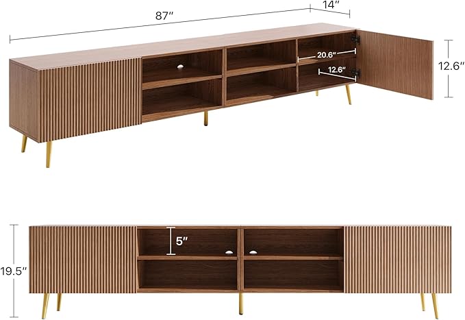 Modern 86in TV Stand for Living Room Fluted Design Entertainment Center with Adjustable ShelvesMedia TV Console Table with Storage for BedroomWalnut