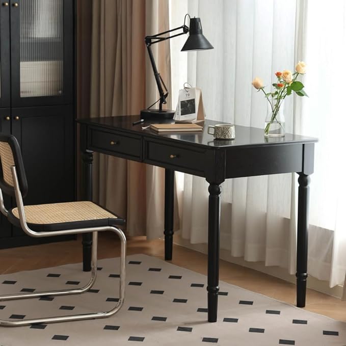 Solid Wood Computer Desk with Double Drawers Black Vintage Rubber Wood Writing Desk for Home Office 47.2