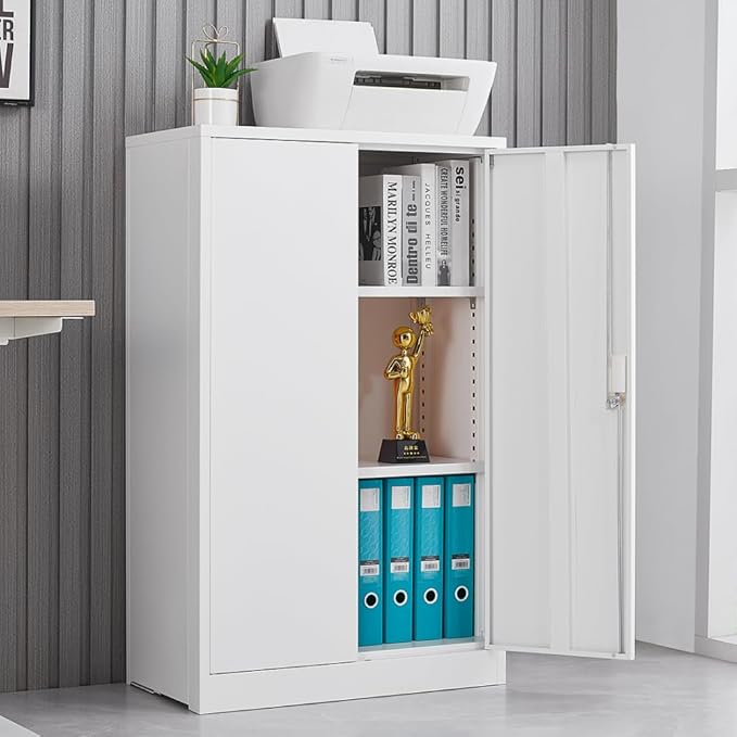 Metal Storage Cabinet with Lock 2-Door Folding File Cabinet with Adjustable Shelf 42 Heavy-Duty Storage Locker for Home Office School Garage (White)