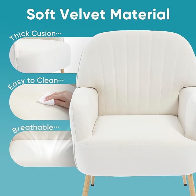 Velvet Accent Chair Modern Upholstered Single Living Room Chairs with Tufted Back Cozy Sofa Side Armchair with Metal Legs for Bedroom/Office/Reading Room Beige