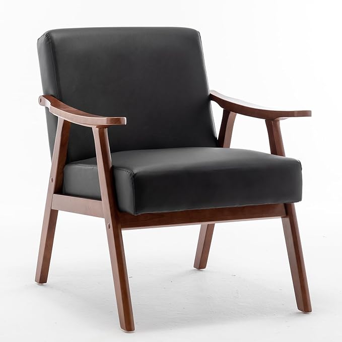 Mid Century Modern Accent Chair with Solid Wood Frame Armchairs with Faux Leather for Bedroom Reading Room Living Room and Lounge Black