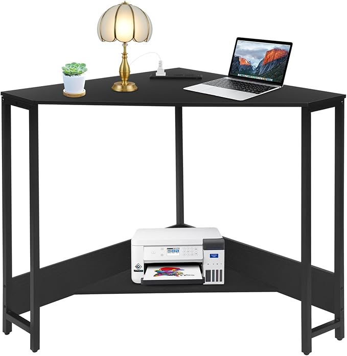 Corner Computer Desk Triangle Computer Desk Small Space Industrial Computers Desks with USB Ports &amp Power Outlet for Home Office Workstation Living Room Bedroom (Black)
