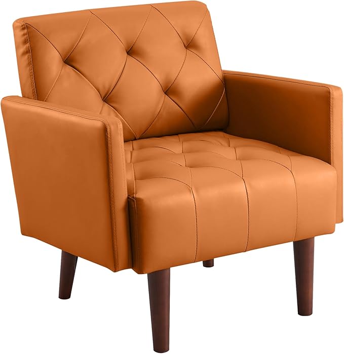 Accent Chairs Leather Accent Chair Modern Upholstered Living Room Chair Cozy Armchair Button Tufted Back and Wood Legs for Bedroom Office Cafe (Orange)
