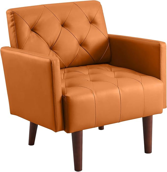 Accent Chairs Leather Accent Chair Modern Upholstered Living Room Chair Cozy Armchair Button Tufted Back and Wood Legs for Bedroom Office Cafe (Orange)