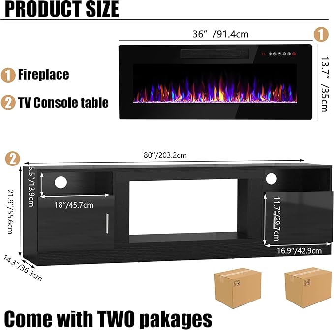 VITESSE TV Stand with 36 inch Electric Fireplace Up to 90 TVs LED Light Entertainment Center 80 Modern Wood High Gloss Fireplace with Highlight Storage Cabinet for Living Room (Black)