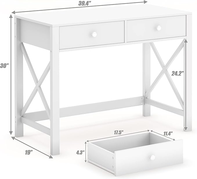 WiberWi Home Office Desk with Drawers White Modern Writing Computer Desk Small Makeup Vanity Table for Bedroom Study Table for Home Office