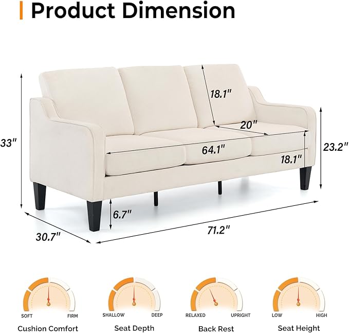 VINGLI Small Couch Sofa 71 Comfy Couches for Living Room Beige 3 Seat Sofa Couch Mid Century Modern Sofa Furniture Couches with Scooped Arms for Small Spaces Bedroom Apartment Studio