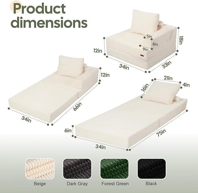 COMAX Folding Sofa Bed Foldable Couch for Bedroom Corduroy Convertible Floor Sleeper Futon Chair Foam 3 in 1 Fold Out Chair Portable Comfy Lounge Couch Single Sofa Bed for Small Space Guest Room