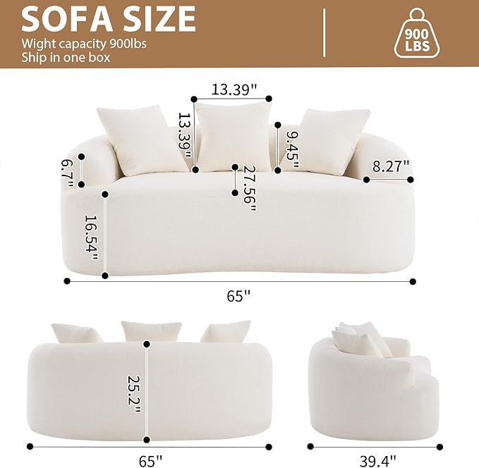 65 Curved Loveseat for Small SpacesBoneless Loveseat SofaWood Grain Chenille Fabric No Installation Requirement Curved Sofa Couch for ApartmentLiving RoomOffice (White 65)