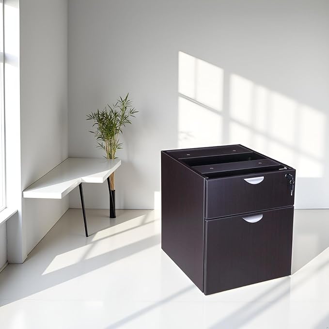 Hanging Pedestal Mahogany Finish Three Quarter Box File Storage Cabinet Mobile Mount Under Desk Organizer Vertical Filing Unit Durable Wood Composite Construction Lockable Drawer Smooth Glide