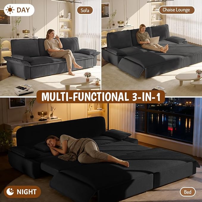 94.5‘’ King Size Sleeper Sofa Bed 3-in-1 Corduroy 3-Seater Sofabed Pull-Out Couch Upholstered Cloud Pullout Futon Space Saving for Living Room Gray