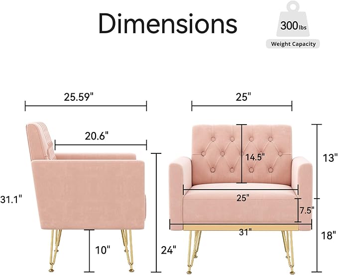 Pink Accent Chair for Living RoomBedroom | Mid Century Modern Velvet Armchair with Leg and Tufted BackComfy Small Single Reading Chair (Pink)
