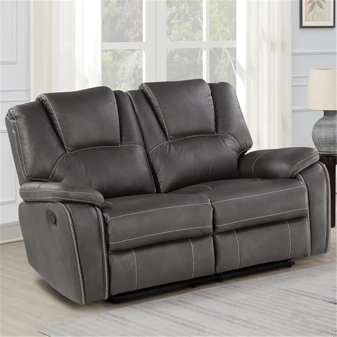 Steve Silver Katrine Charcoal PU Manual Love Seats Two Built-in Recliners Luxurious Padded Charcoal Faux-Leather Baseball Stitching 62 L x 36 W x 39 H Grey