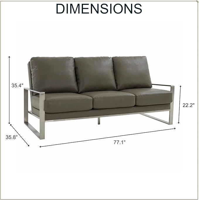 LeisureMod Jefferson Modern Leather 3-Seater Sofa with Silver Frame – Luxury Contemporary Living Room Couch Plush Upholstered Mid-Century Style Comfortable Lounge Seating (Grey) | MODERN SLED BASE