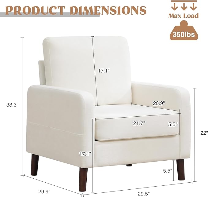 Accent Chair Set of 2 Upholstered Living Room Chairs with Wood Legs and Side Pockets Modern Reading Chair for Bedroom Armchair Single Sofa Side Chair for Office Small Room White
