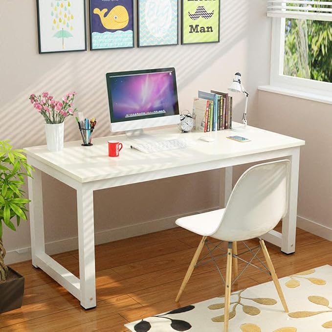 Computer Desk 43in Wood Work Desk Large Gaming Writing Desk PC Laptop Table Study Workstation Home Office Furniture (White)