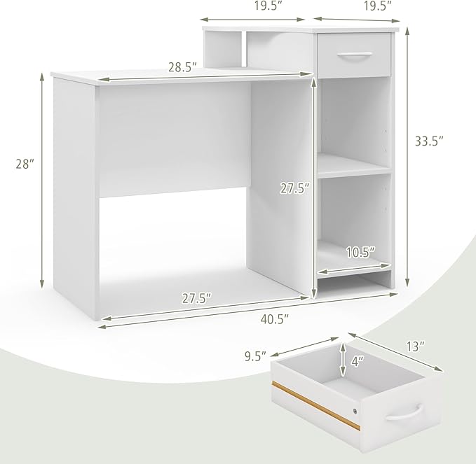 GOFLAME Computer Desk Modern Laptop PC Desk with Adjustable Shelf &amp Cable Hole Compact Writing Desk Study Desk with Monitor Stand Wooden Computer Workstation for Home Office White