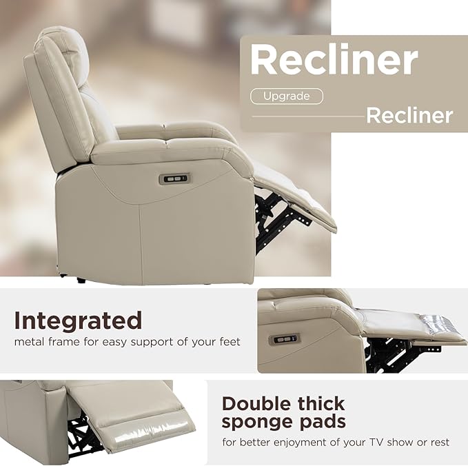Faux Leather Power Recliner Chairs for AdultsClassic and Traditional Recliners with Arms and Back Electric Recliner Chair with Cup Holders &amp Charging Port Beige