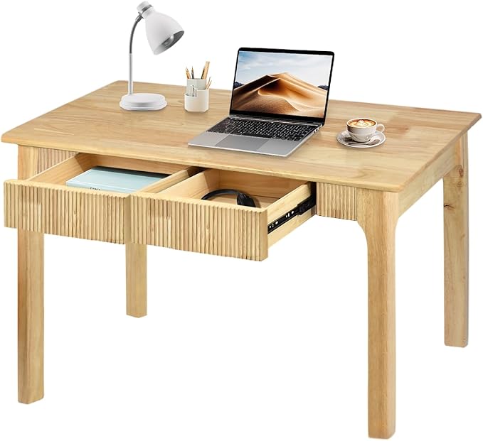 47.2'' Solid Wood Desk with 2 Drawers Mid Century Modern Home Writing Office Wooden DeskVintage Computer Table with Storage for Living Room Bedroom Fluted Design (Natural 47.2 Inch)
