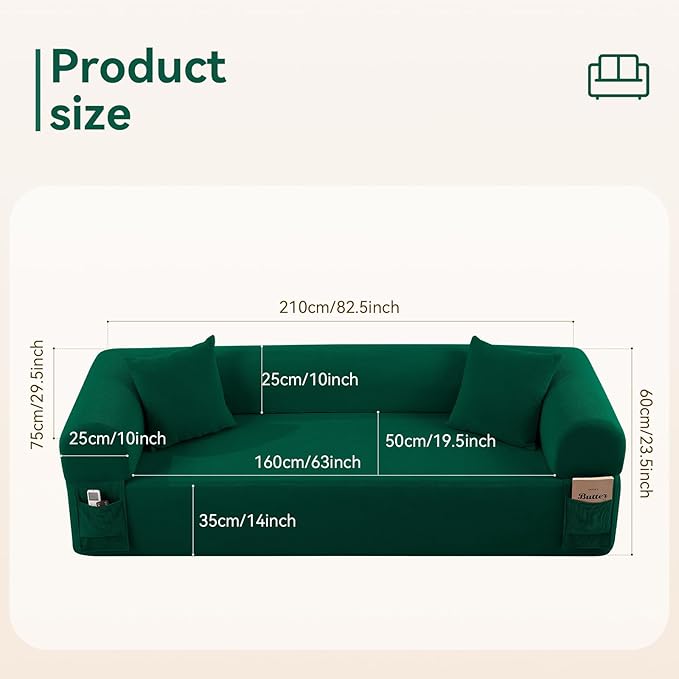 83 Boneless Couch 3 Seater Sofa with 2 Matching Pillows Compact Corduroy Couches for Living Room Side Storage Pockets Floor Sofa with Removable Armrests No Assembly Required Green