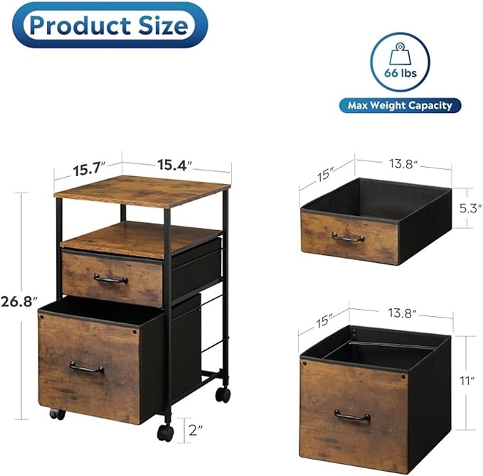 Mobile File Cabinets 2 Drawer Mobile Filing Cabinet with Open Storage Shelf Rolling Printer Stand for Home Office A4 Letter Size
