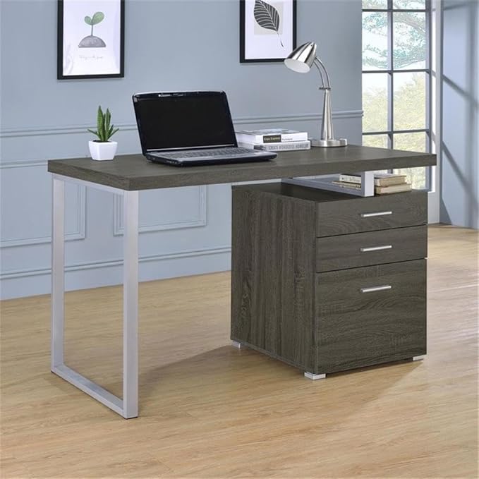 Pemberly Row 3-Drawer Office Desk Weathered Gray Wood and Silver Metal 47.25 W x 23.5 D x 30 H File Cabinet Contemporary Design Sleek Workspace for Home Office or Study Room