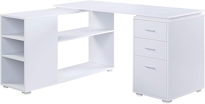 BELLEZE L Shaped Computer Desk 60” Study Writing Table Home Office Desk Morden Corner Workstation Setup with Adjustable Storage Shelves and 3 Drawers White